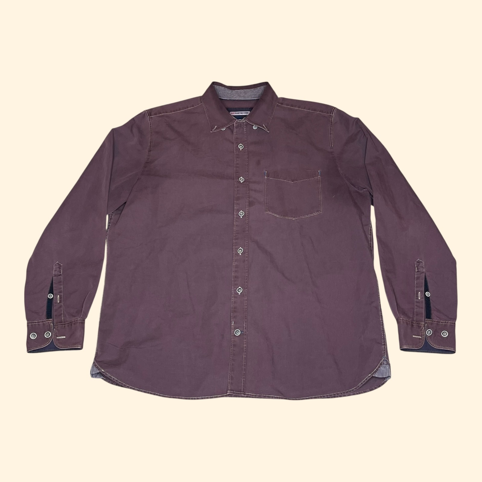 32 Bar Blues Mens Large Plum Purple Cotton Linen Long Sleeve Button Down Shirt